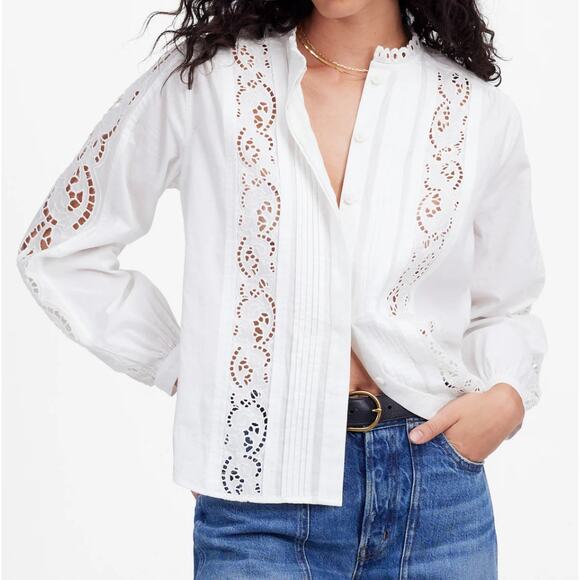 NWT Madewell‎ Size XXS Lace-Inset Pintucked Button-Up Top White Blouse Shirt - Picture 1 of 12